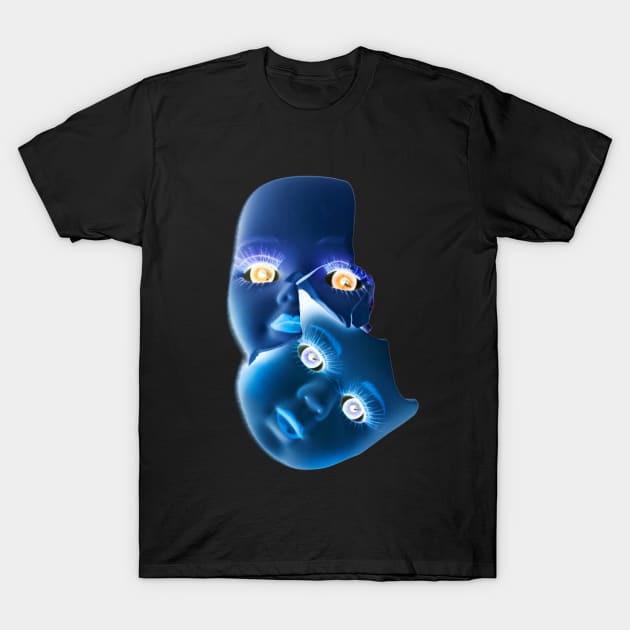 Freaky Halloween Broken Doll Zombie Blue Faces T-Shirt by Squeeb Creative